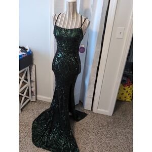 NWT Windsor Prom Hunter Green Sequin Mermaid Dress CrissCross Back Straps Small